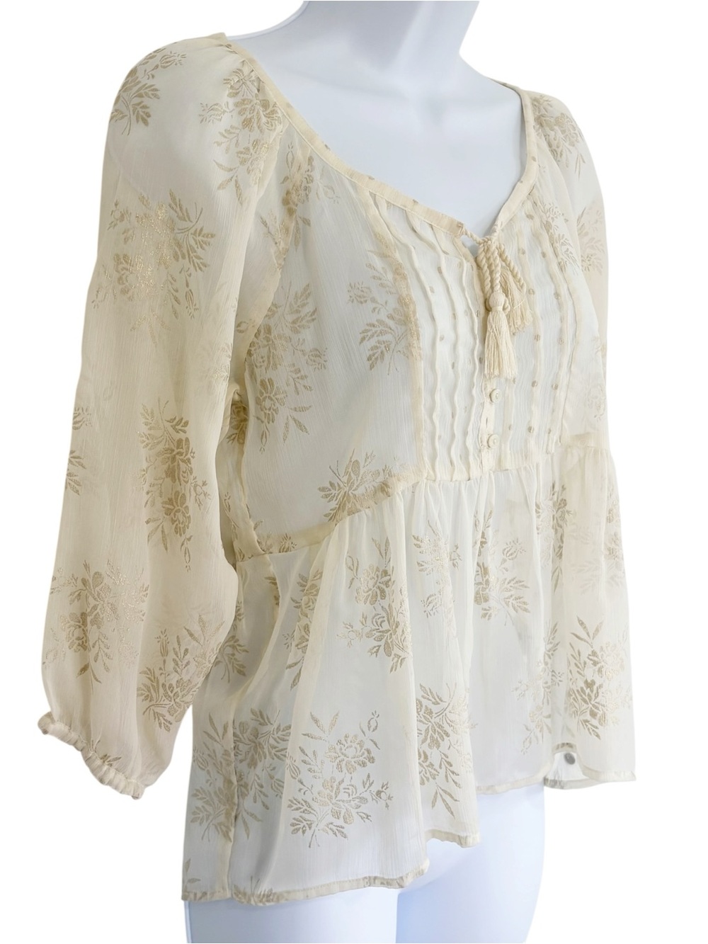 ABERCROMBIE & FITCH Ivory Sheer Babydoll Peasant Blouse Gold Metallic XS - Picture 2 of 7